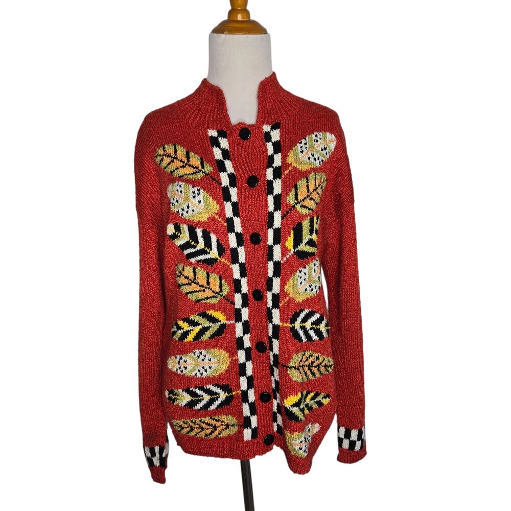 Vintage Hand Loomed Cardigan Rustic Granny Cozy Fall Feathers Red Women Medium